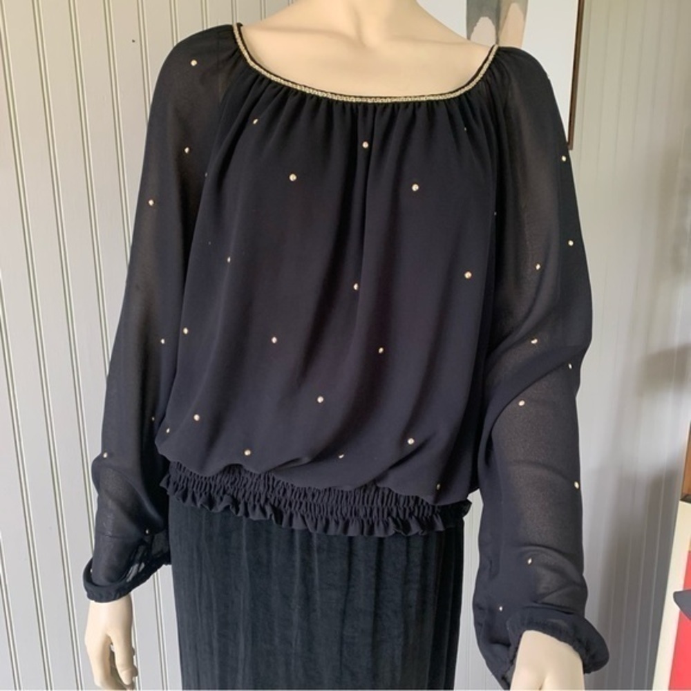 XOXO Gold Studded Semi Sheer Blouse Gathered Waist Black